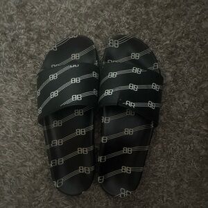 Balenciaga Black Slide Sandals with Logo Pattern